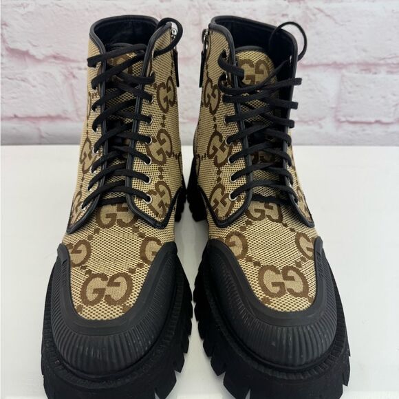Gucci GG Canvas Printed Lace Up Combat Boots 8.5